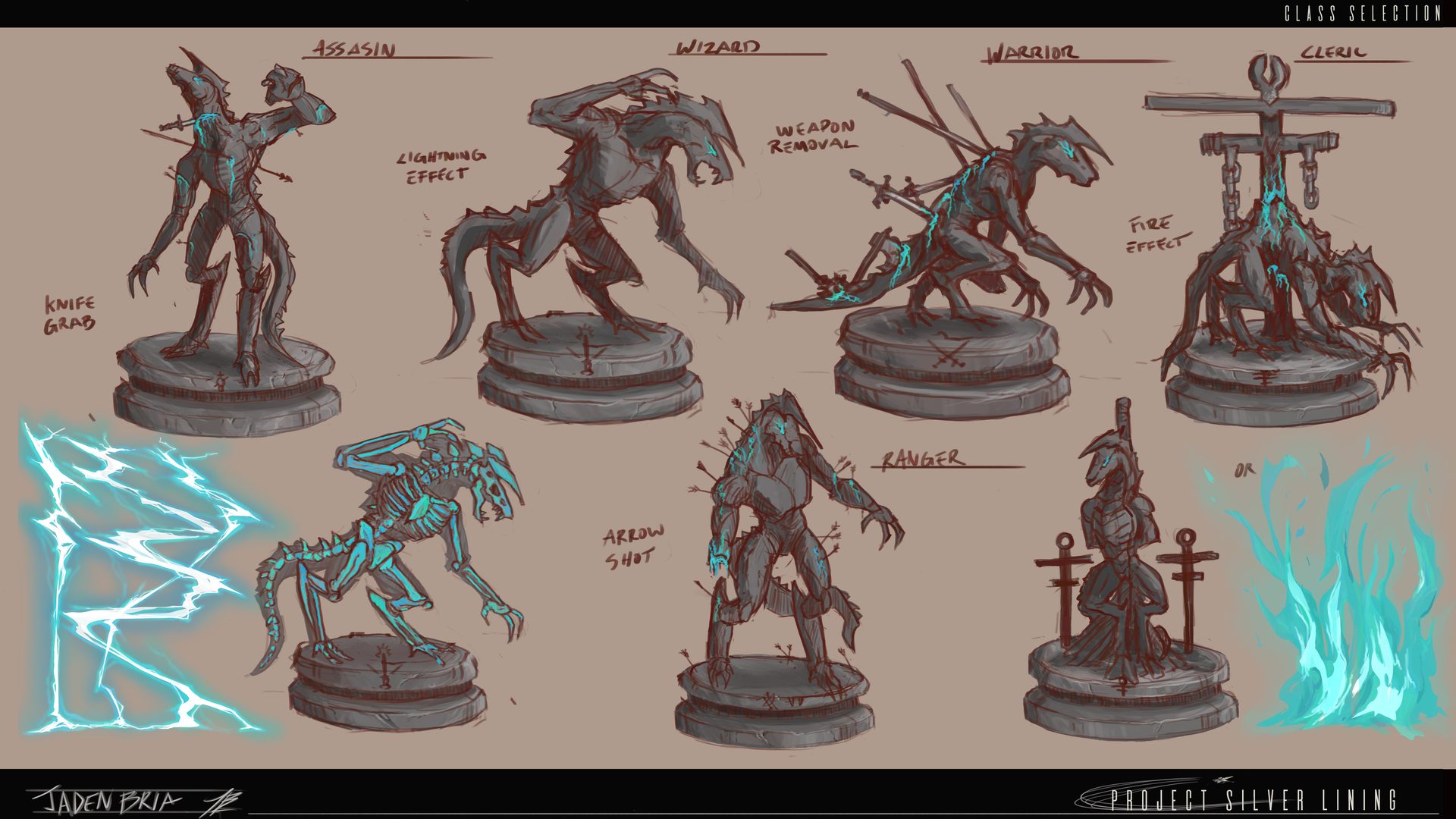 Class selection statues — Assassin, Wizard, Warrior, Cleric, Ranger