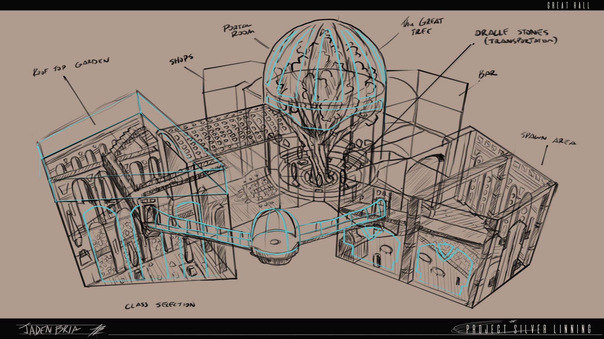 The Great Hall hub layout — concept schematic